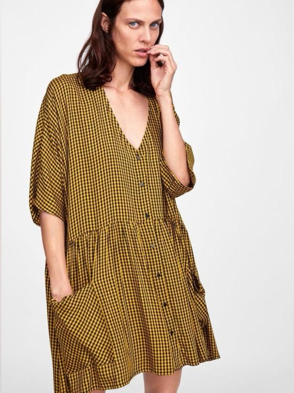 Zara Mustard Gingham Button-Front Mini Dress